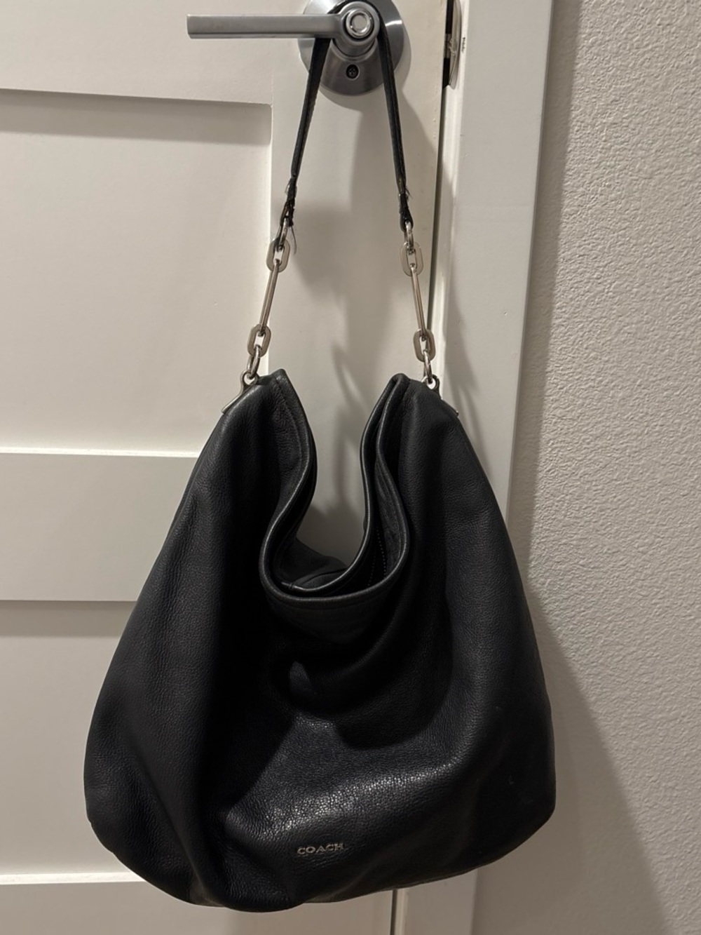 Coach Madison Black Pebbled Leather Shoulder Hobo with Chain Links